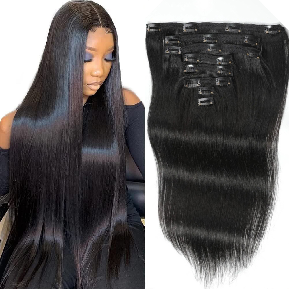 Seamless Clip In Hair Extensions Human Hair - Ekstensi Rambut Lurus Model Jepit, Rambut
