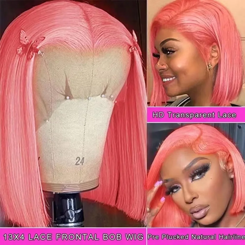 Wig Bob Merah Muda 10 Inci, Ra - Pre Parted 13X4 Lace Front Bob Wig ulasan dan harga