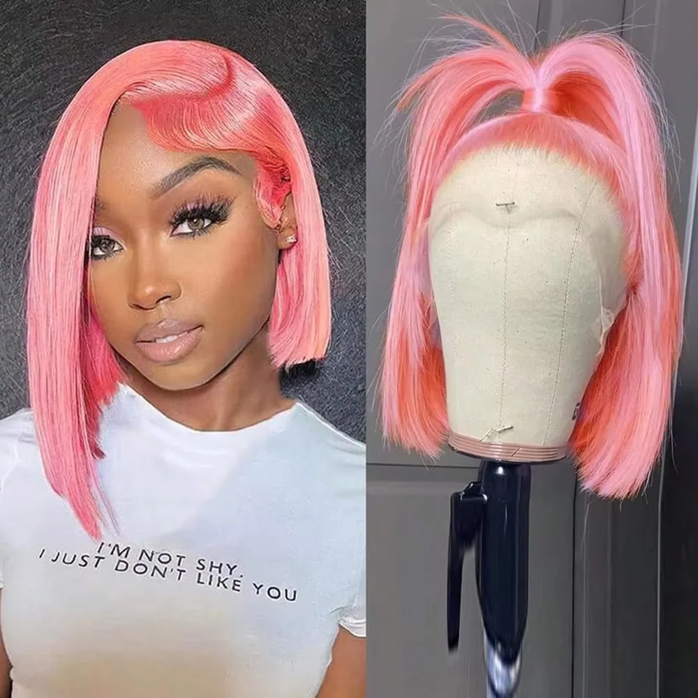 Wig Bob Merah Muda 10 Inci, Ra - Pre Parted 13X4 Lace Front Bob Wig ulasan dan harga